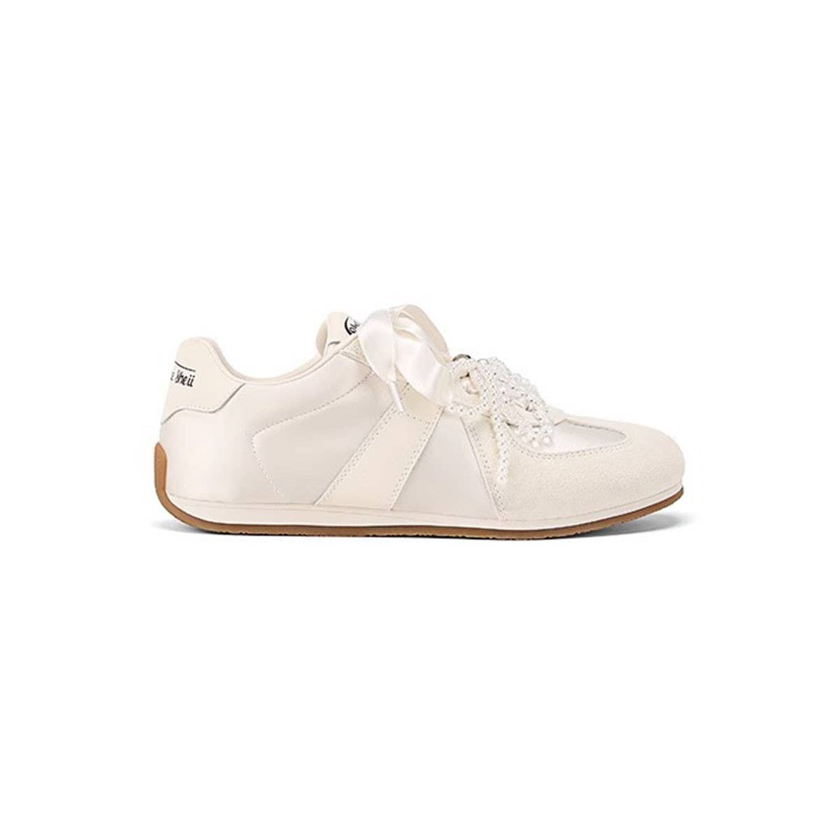 Satin Ballet Sneakers with Pearl Ribbon Trim