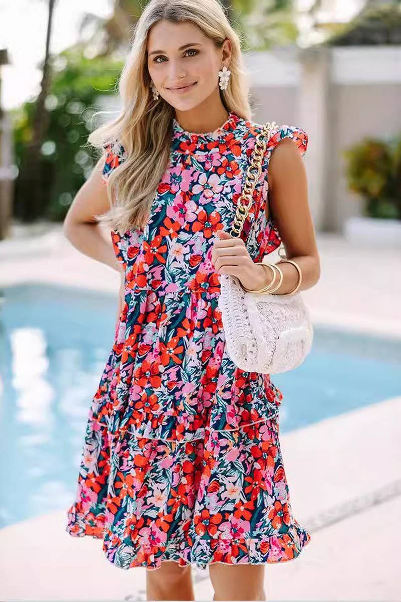 CWDSD6591_PRINTED FUNGUS COLLAR RUFFLE CAKE DRESS