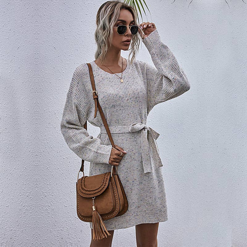 Solid-color laid-back lace-up knitted dress