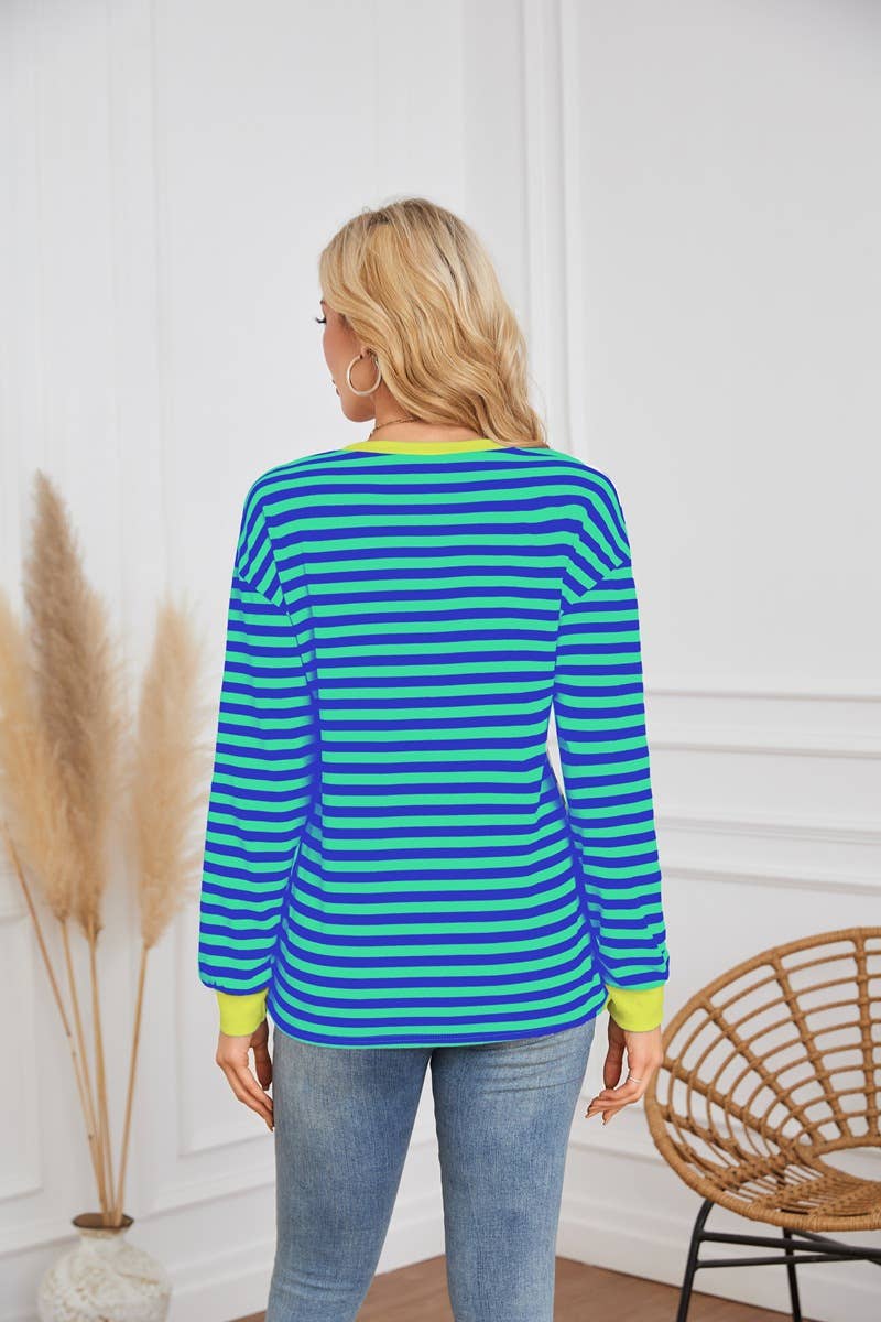 STRIPED CREW-NECK LONG-SLEEVED PULLOVER HOODIE