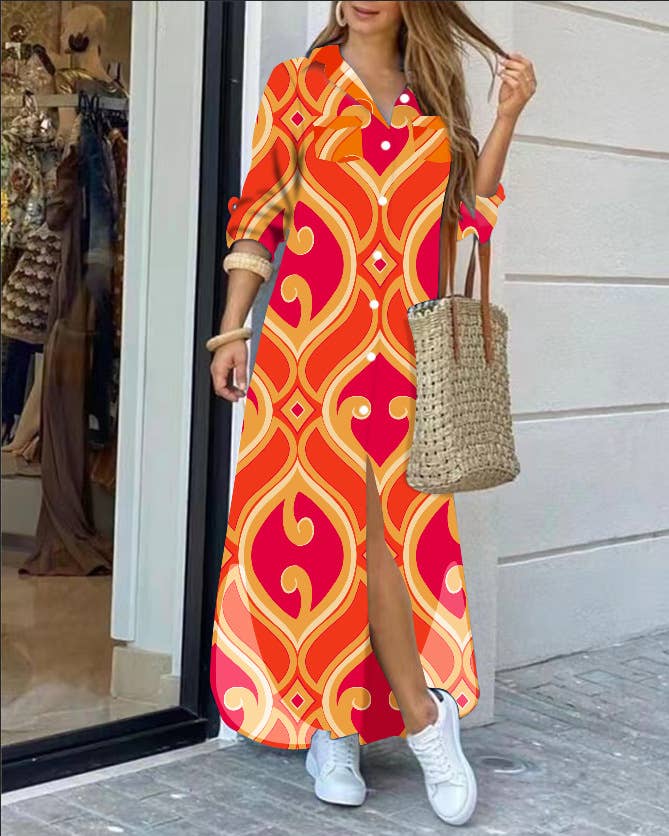 FASHION LONG-SLEEVED PRINTED SHIRTDRESS