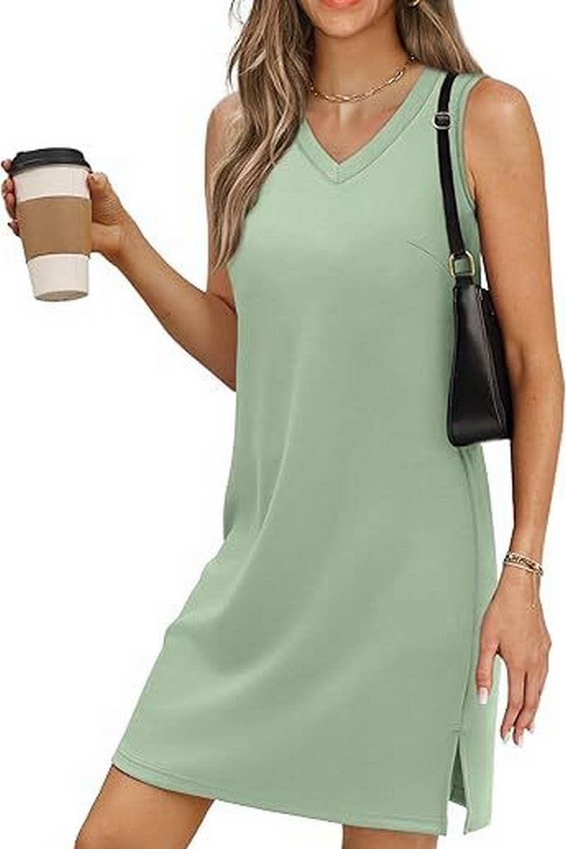CWDSD8777_V-NECK SLEEVELESS BOTTOM SLIT SOLID COLOR VEST DRE