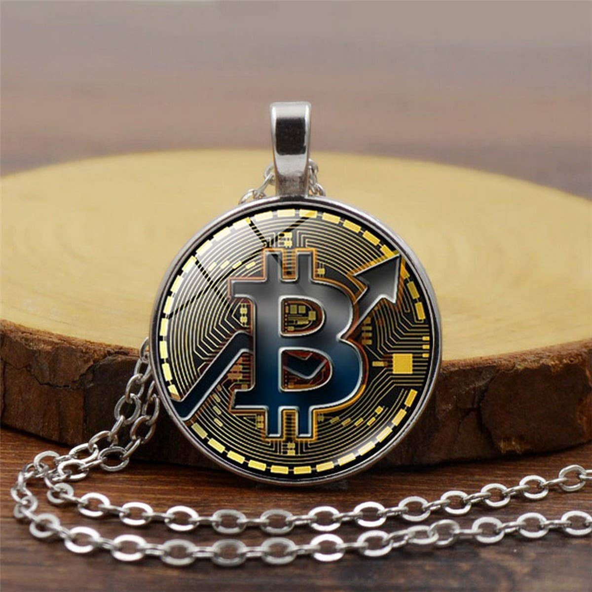 GOLD COIN BITCOIN TIME GEMSTONE PENDANT NECKLACE