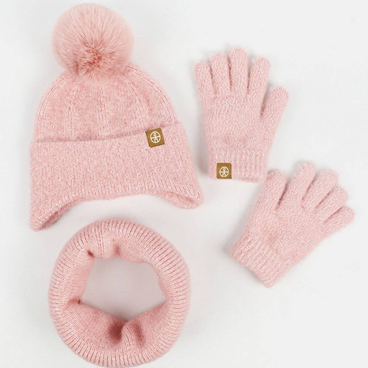 KNITTED POM POM EARMUFF HAT THREE-PIECE SET