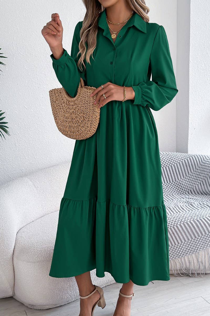 CWDMD6027_LOOSE FIT RUFFLE TRIM LONG SLEEVE SHIRT DRESS