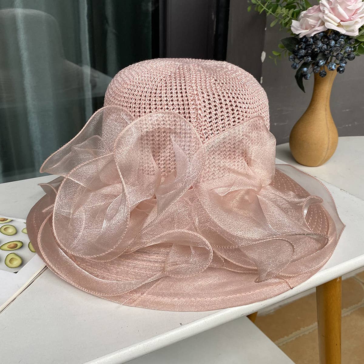 WOMEN ORGANZA FLOWER SUNSCREEN HAT_CWAH1208