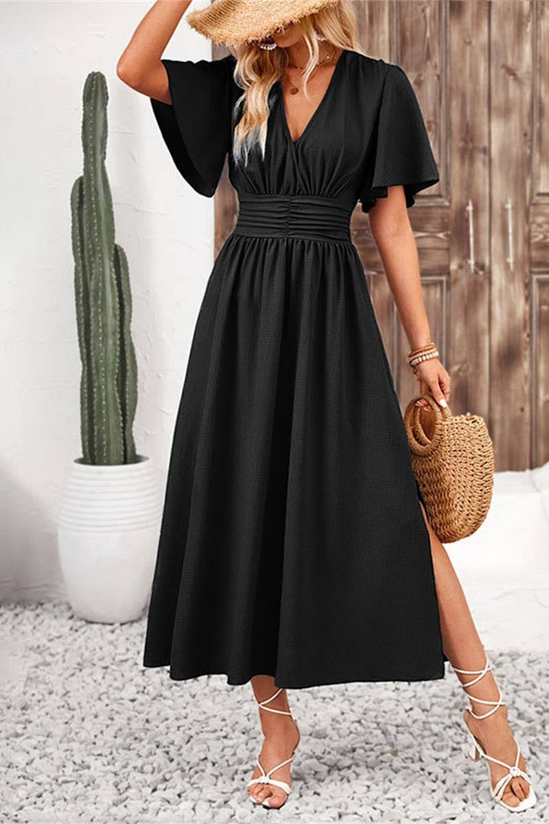 CWDMD4879_LOTUS LEAF SLEEVE SLIT ELASTIC WAIST DRESS