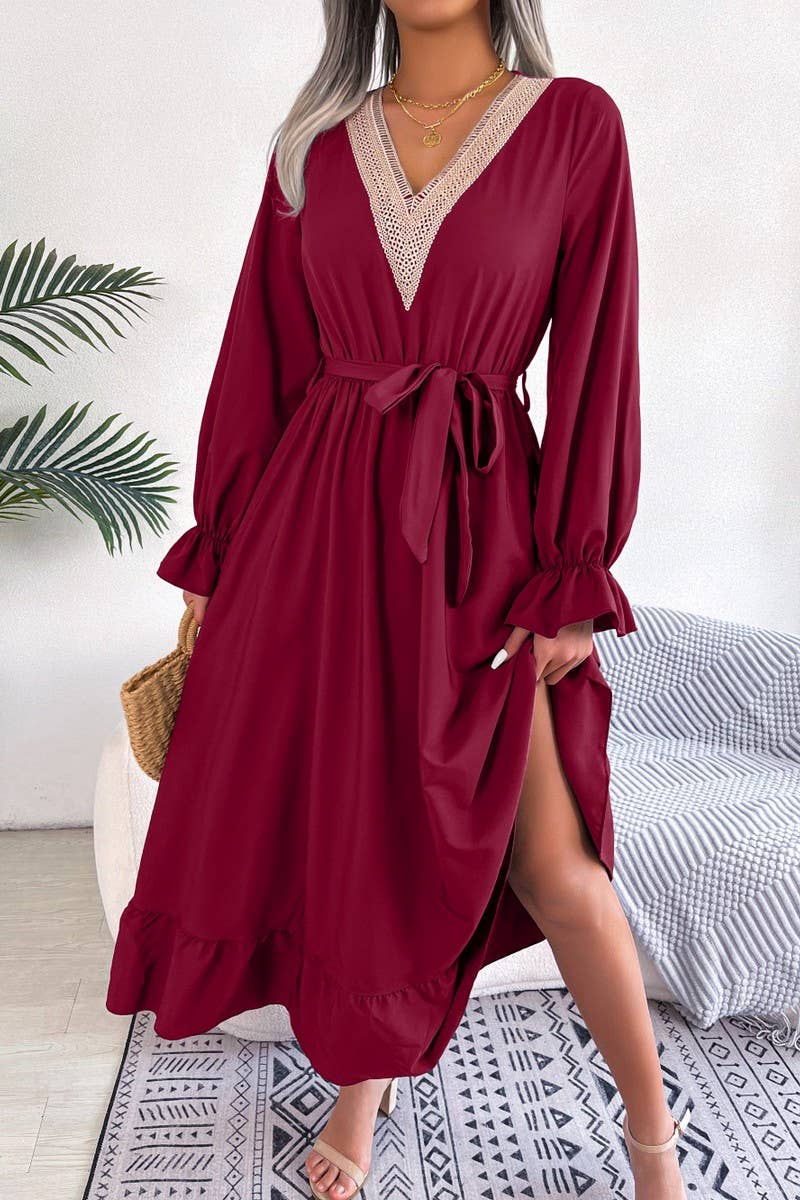 CWDMD4716_TEMPERAMENT V-NECK LACE WAIST RUFFLED LONG SKIRT