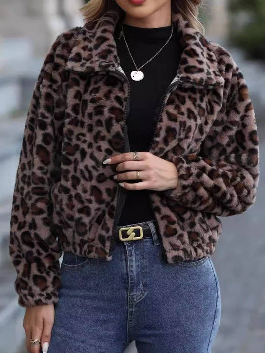 ZIPPER LONG-SLEEVED LEOPARD PRINT FLEECE JACKET