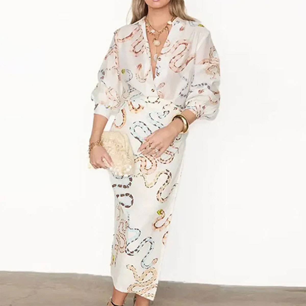 SNAKE PRINT SHIRT SLIT SKIRT LOOSE SUIT