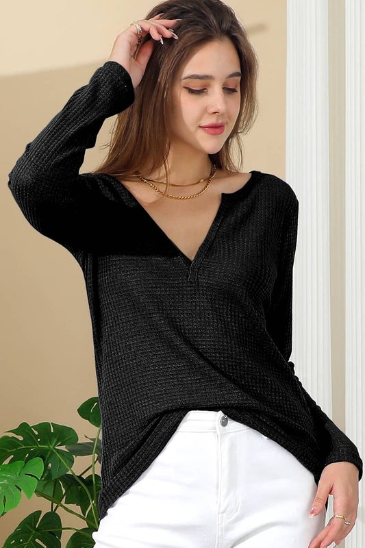 Cwttl1482_Casual V-Neck Loose Fit Long Sleeve Tops