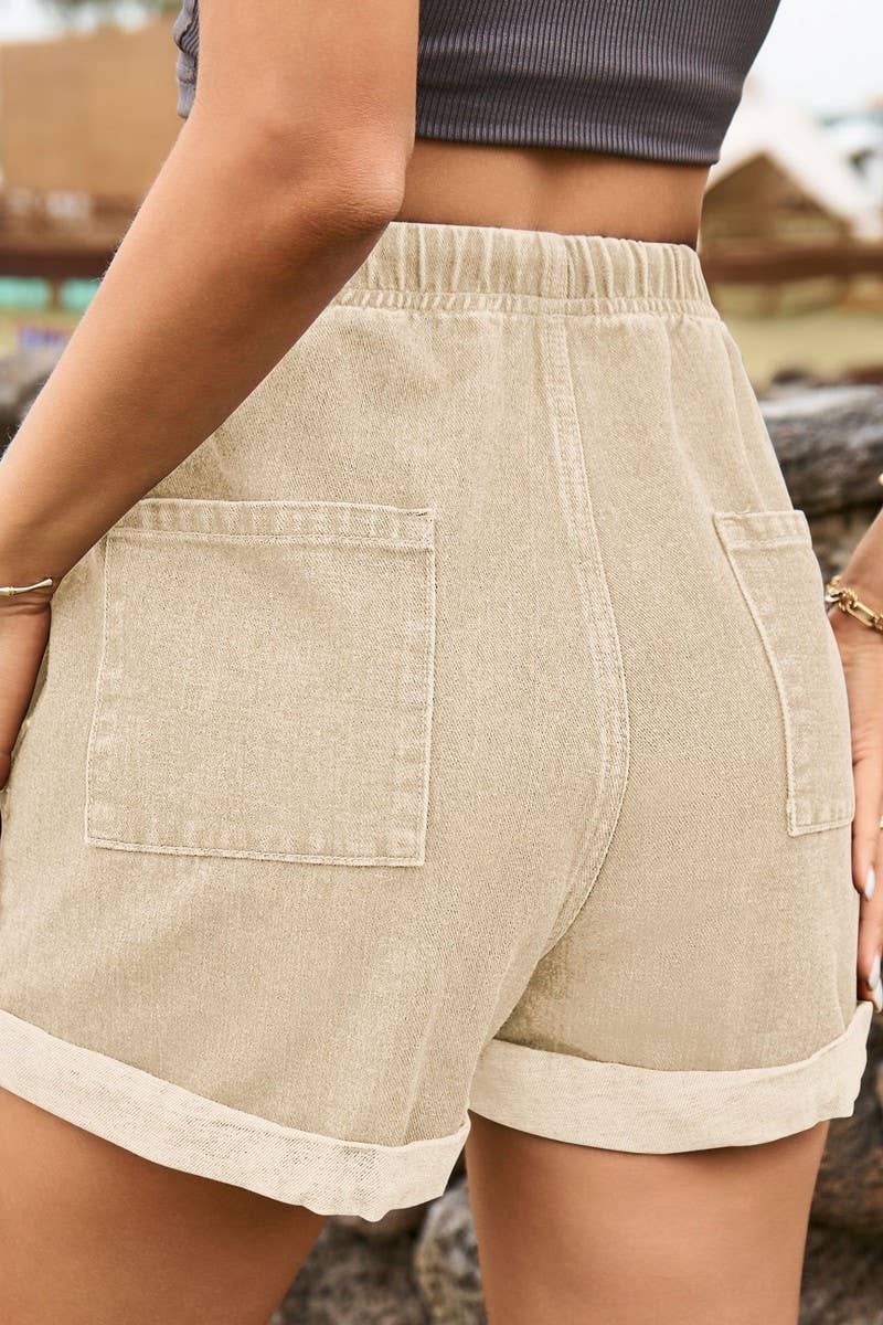 CWJS00039_ELASTIC WAIST CASUAL ROLLED-UP DENIM SHORTS