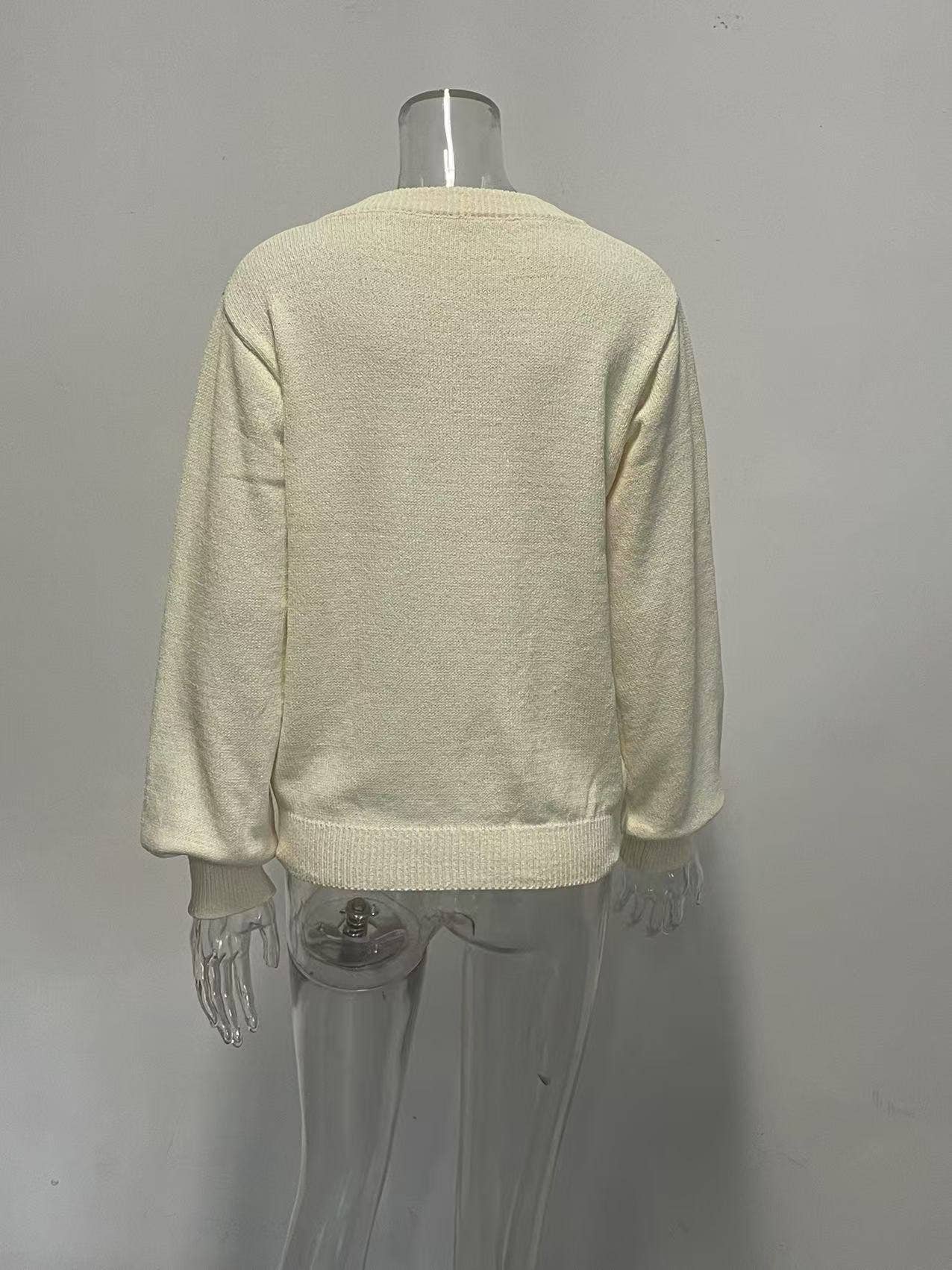 Solid-color cut-out V-neck cardigan