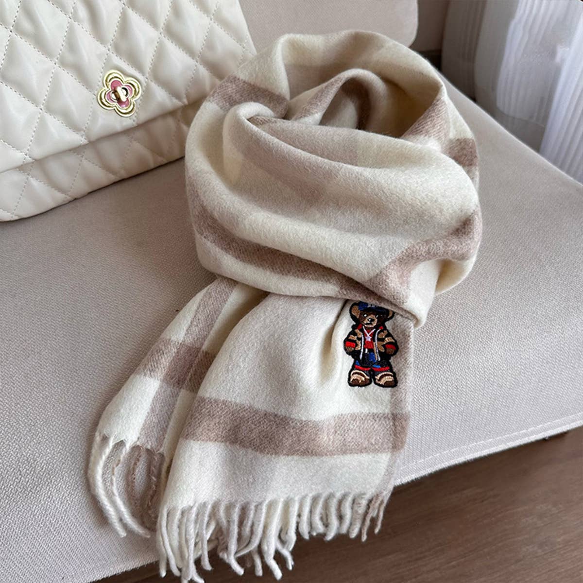 British Plaid Bear Scarf - Unisex Winter Warm Wrap_CWASC1496