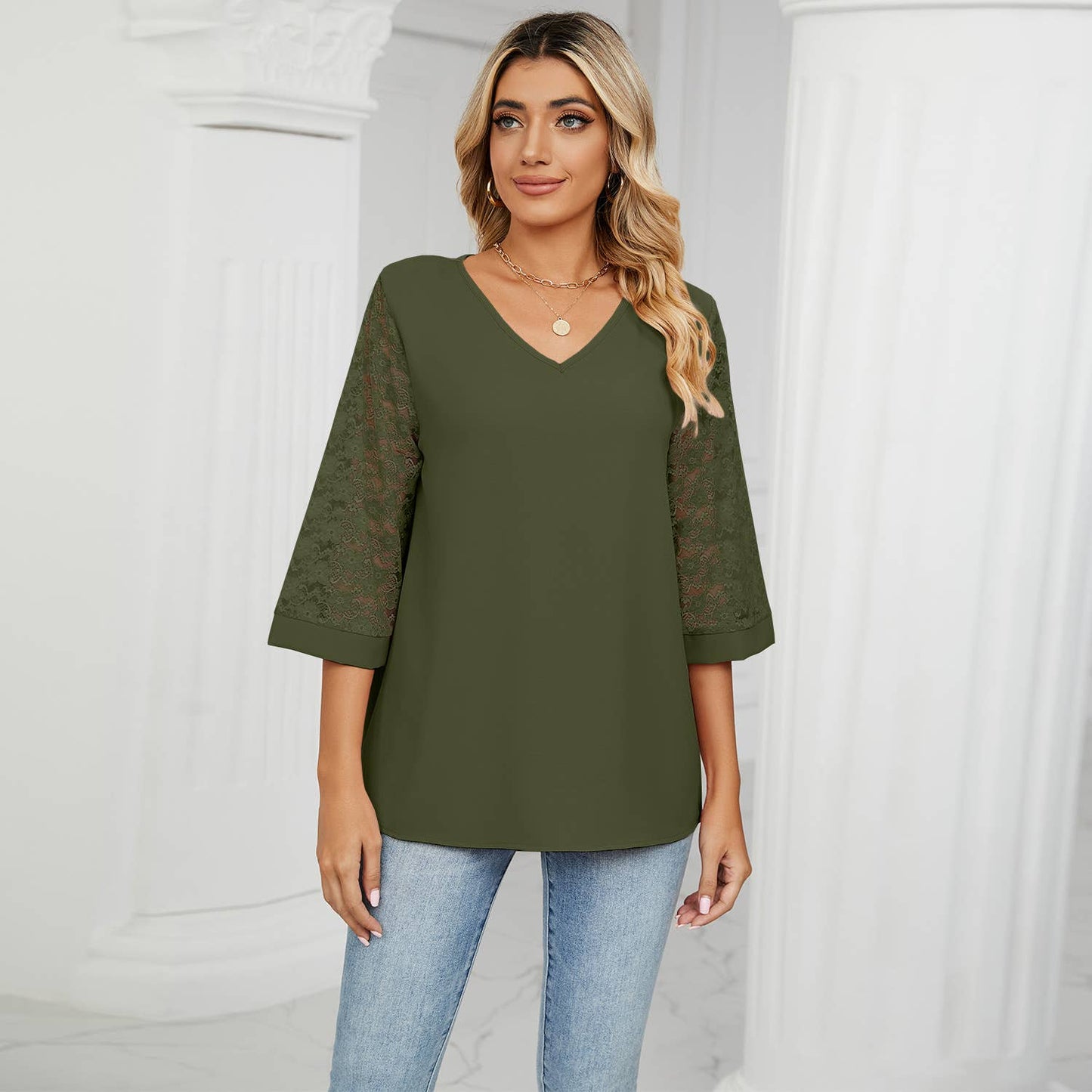 LACE HORN SLEEVE PATCHWORK CHIFFON BLOUSE