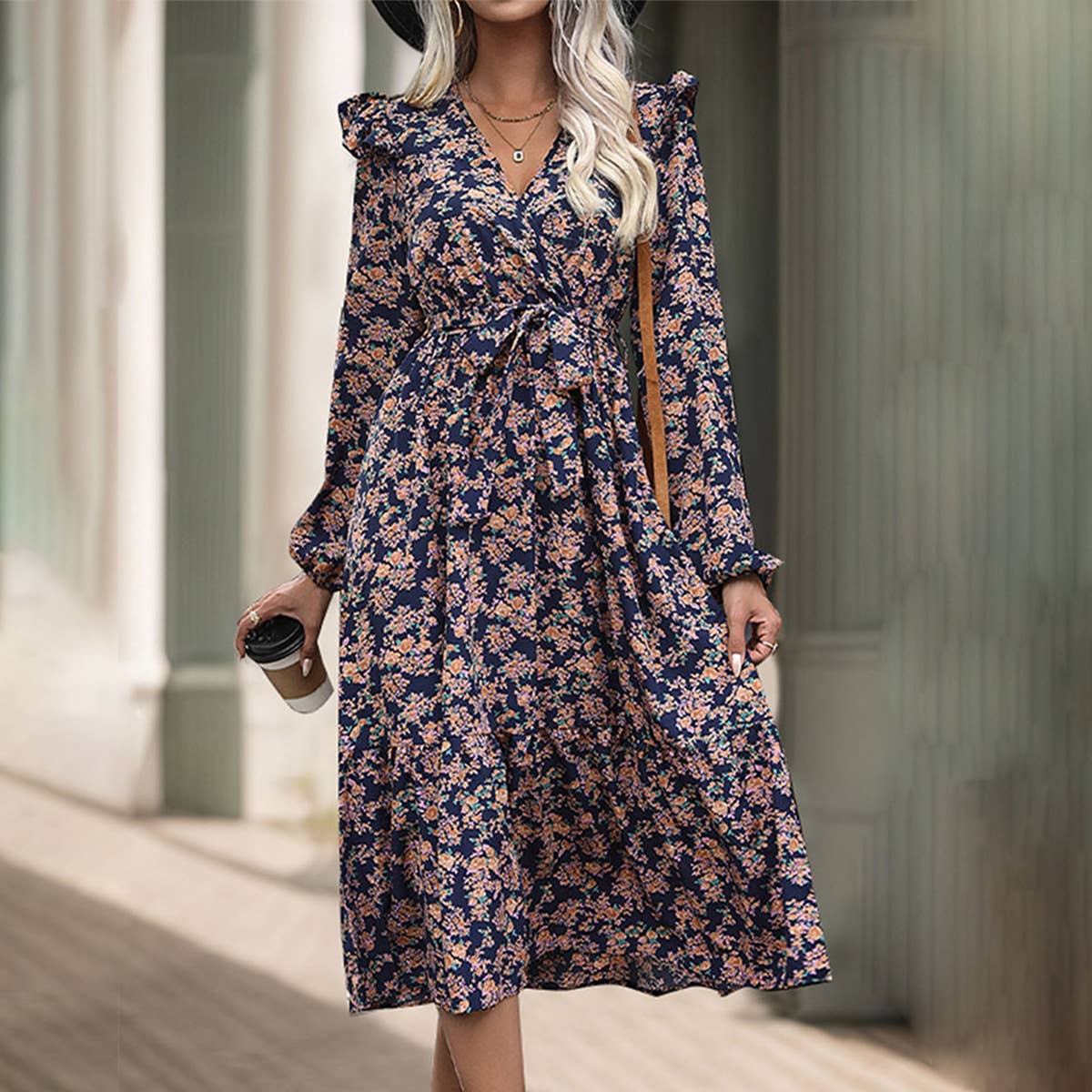 Ruffled long-sleeved printed V-neck dress