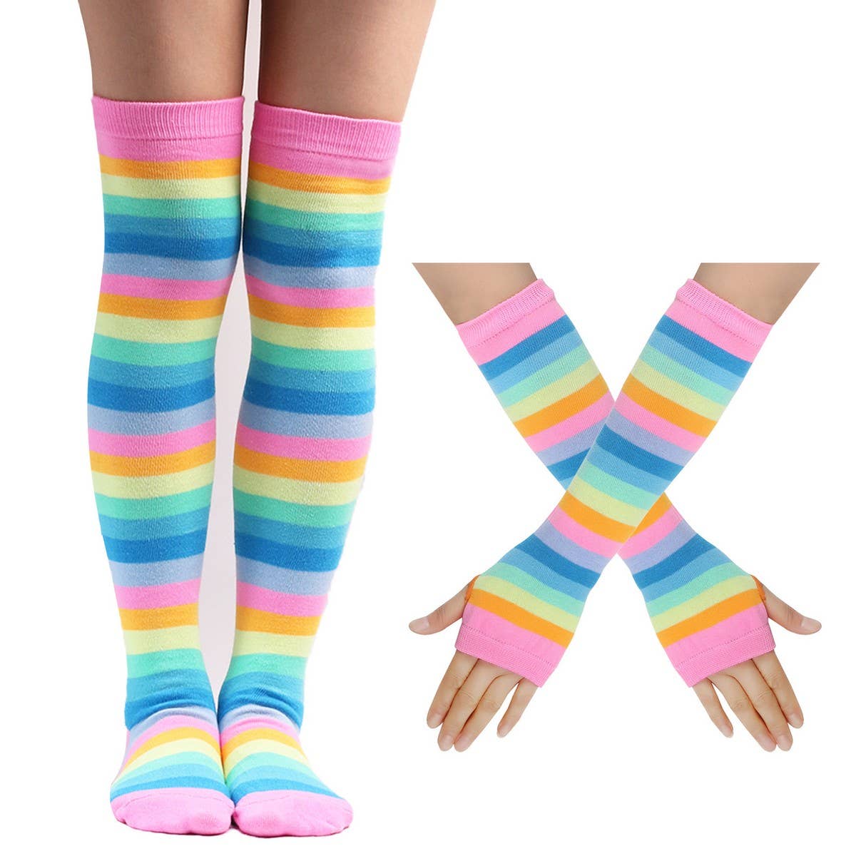 COLORFUL STRIPED KNEE SOCKS AND GLOVES SET