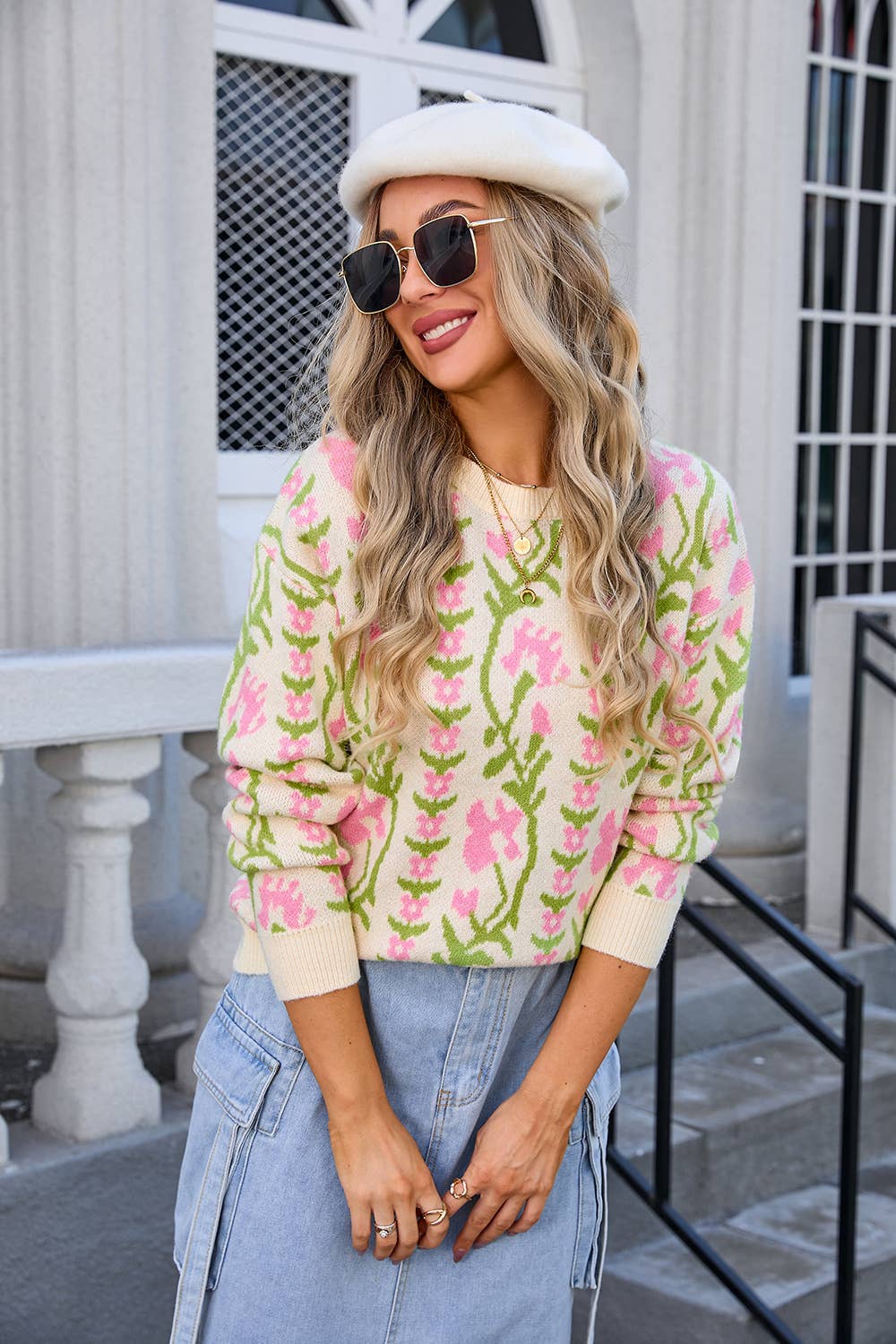 JACQUARD ROUND NECK FLOWER KNIT FASHION SWEATER