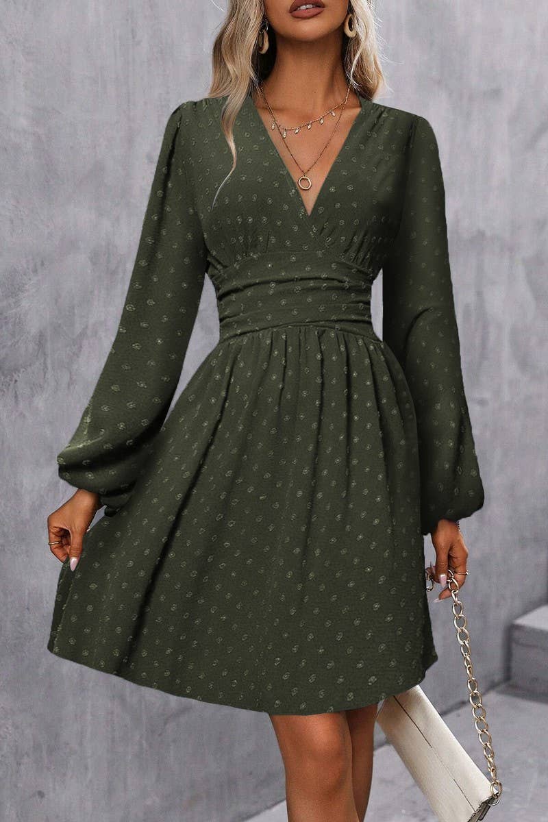 CWDSD6427_JACQUARD V-NECK LANTERN SLEEVE DRESS