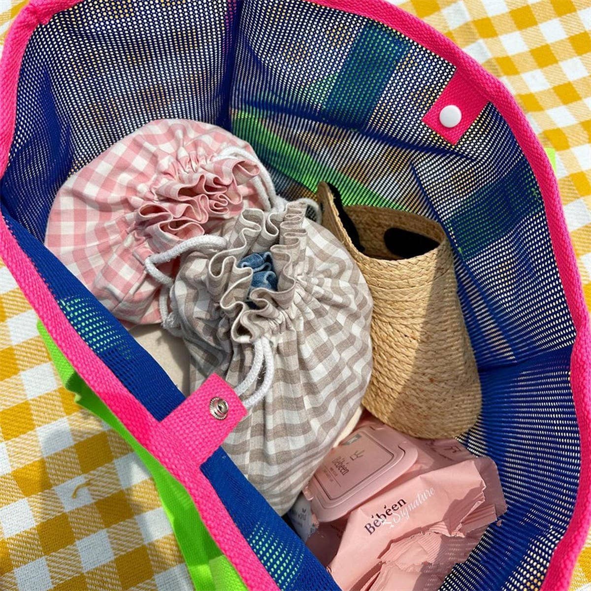 MESH CONTRAST COLOR BEACH TRAVEL STORAGE BAG_CWAB1916