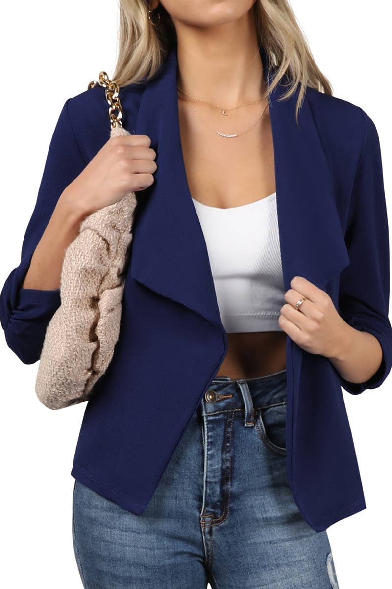 CWOBL091_Casual Work Ruched 3/4 Slv Open Front Blazer Jacket