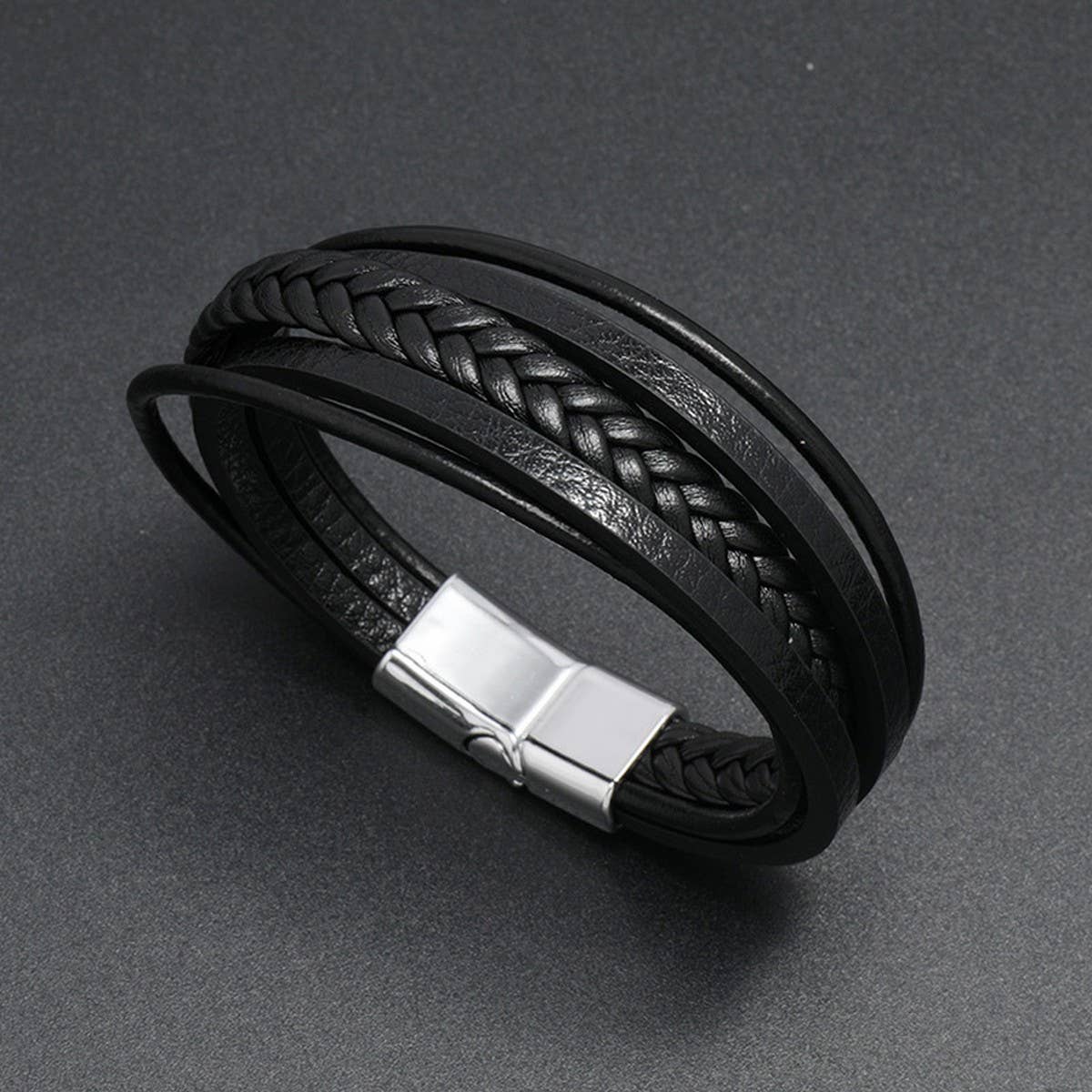 SIMPLE BRAIDED LEATHER MAGNET CLASP BRACELET_CWMM4471
