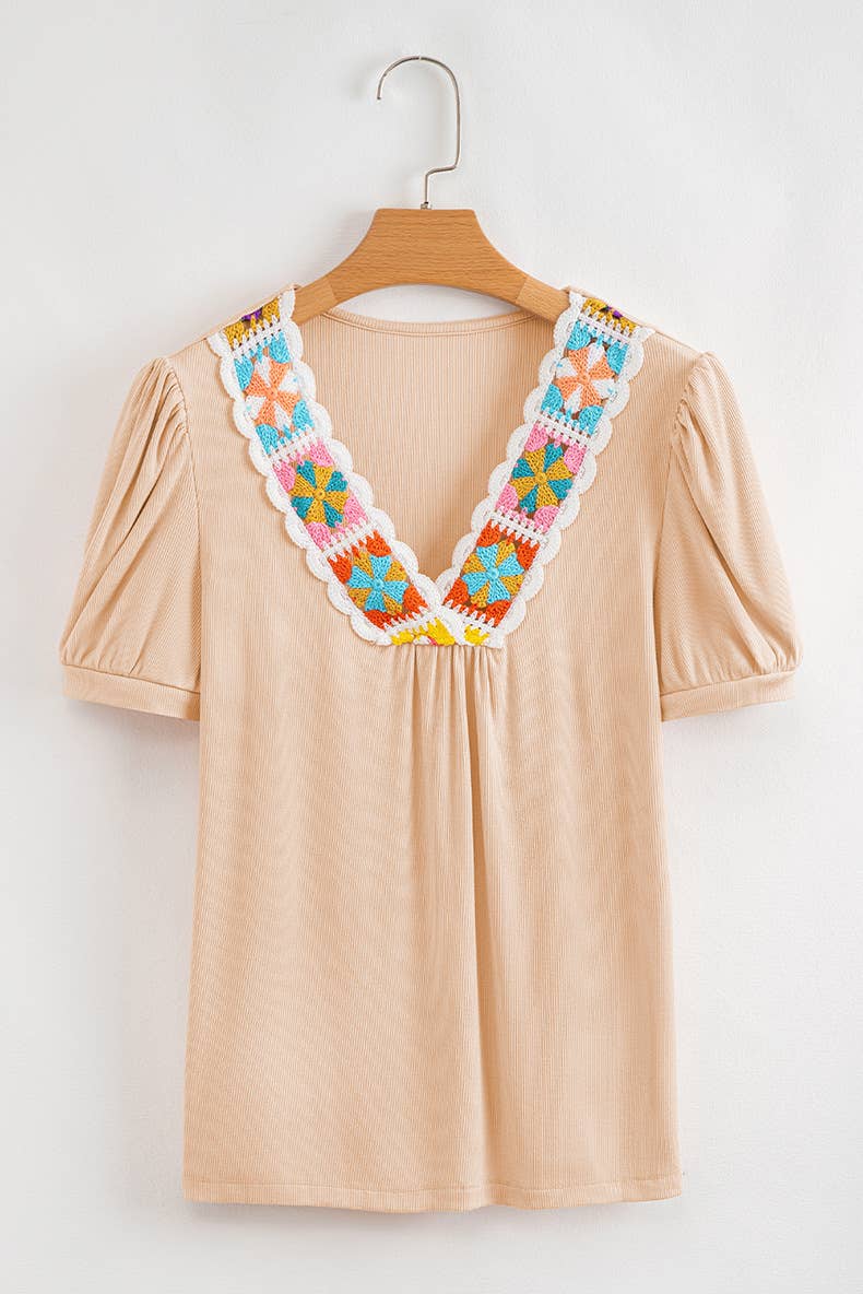 V-neck multi-color crocheted chiffon shirt