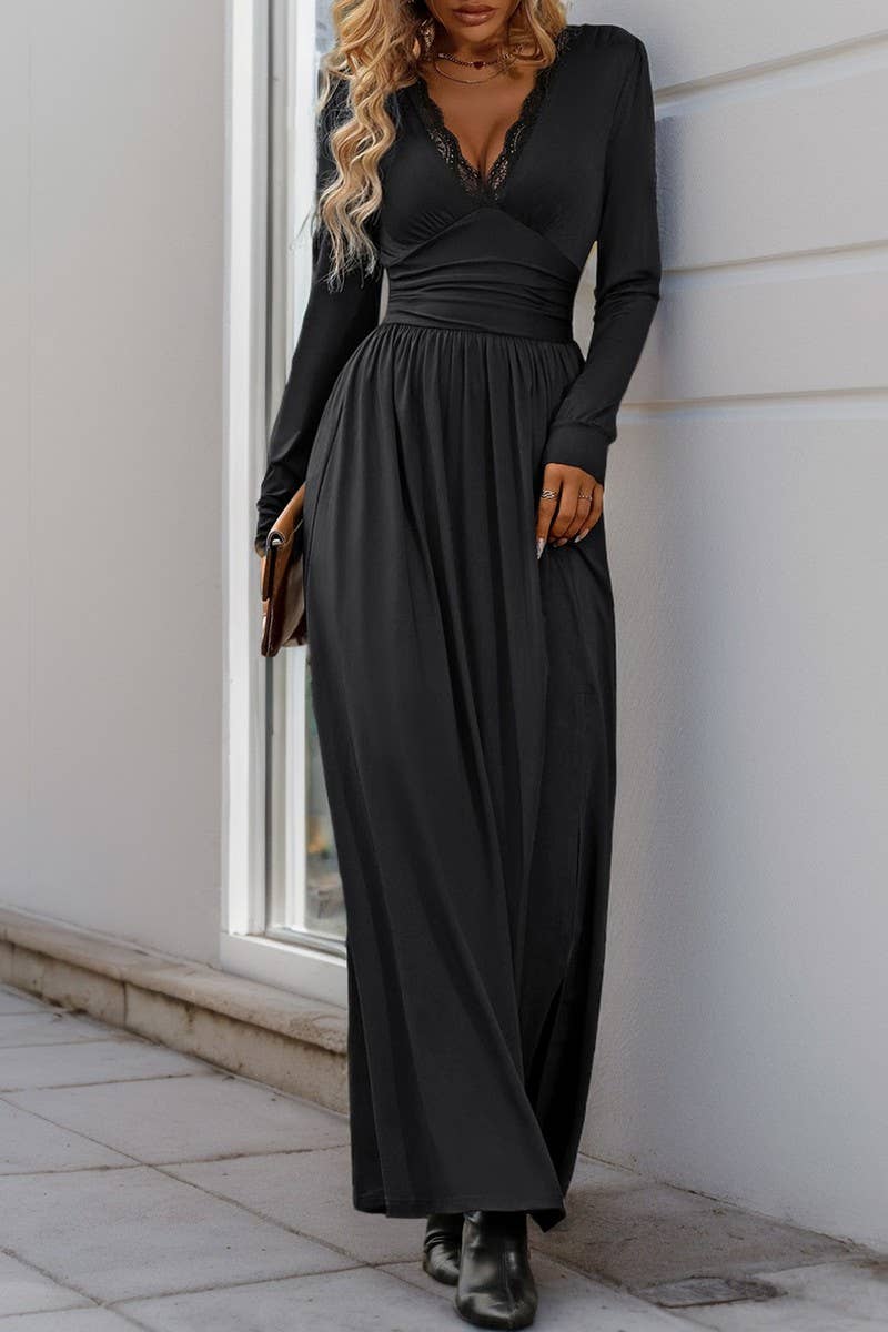 CWDMD3564_V-NECK SOLID COLOR SLIT SLIM MAXI DRESS