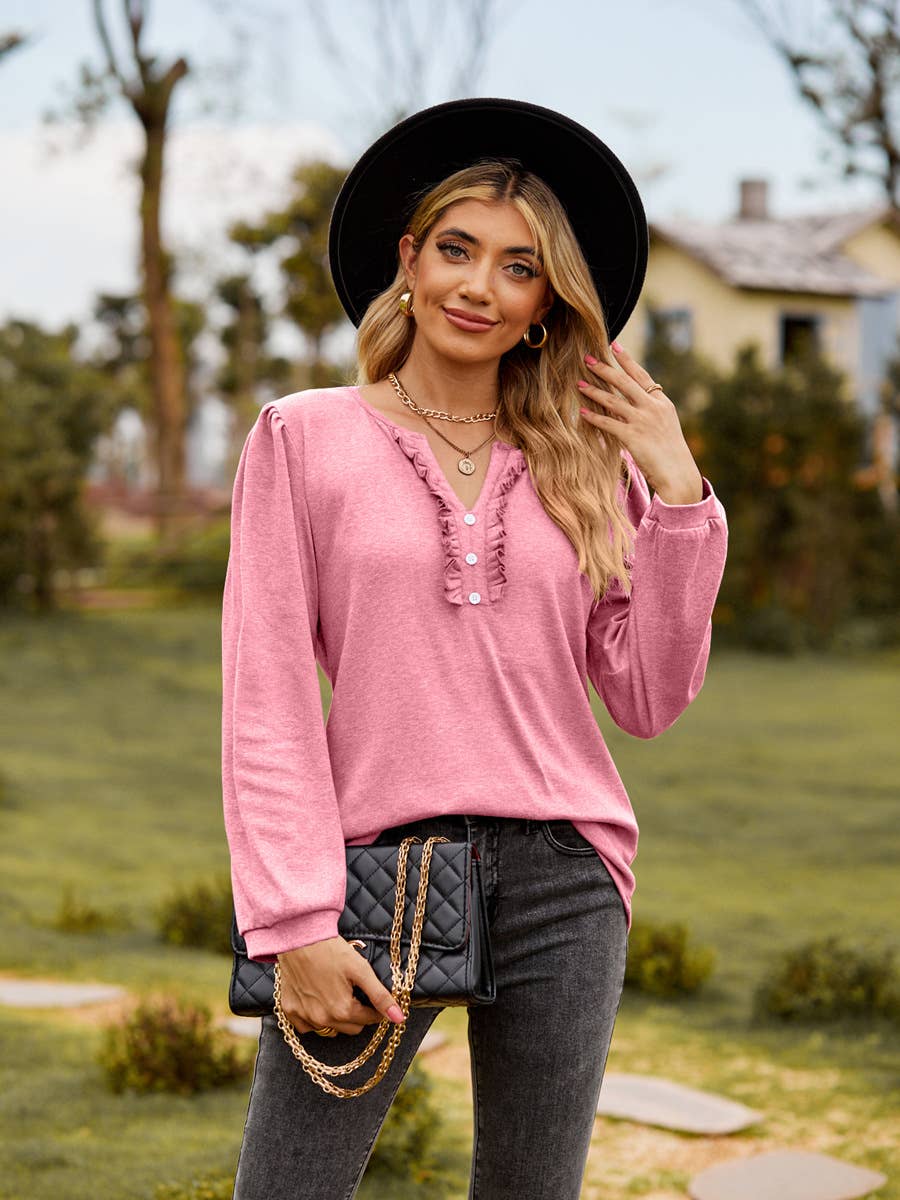 SOLID COLOR V-NECK BUTTON-DOWN WOODEN TRIM TOP