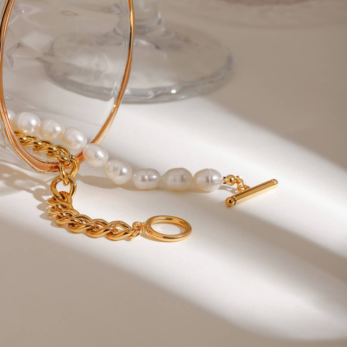 18K Gold Freshwater Pearl Cuban OT Clasp Anklet_CWAJE4853