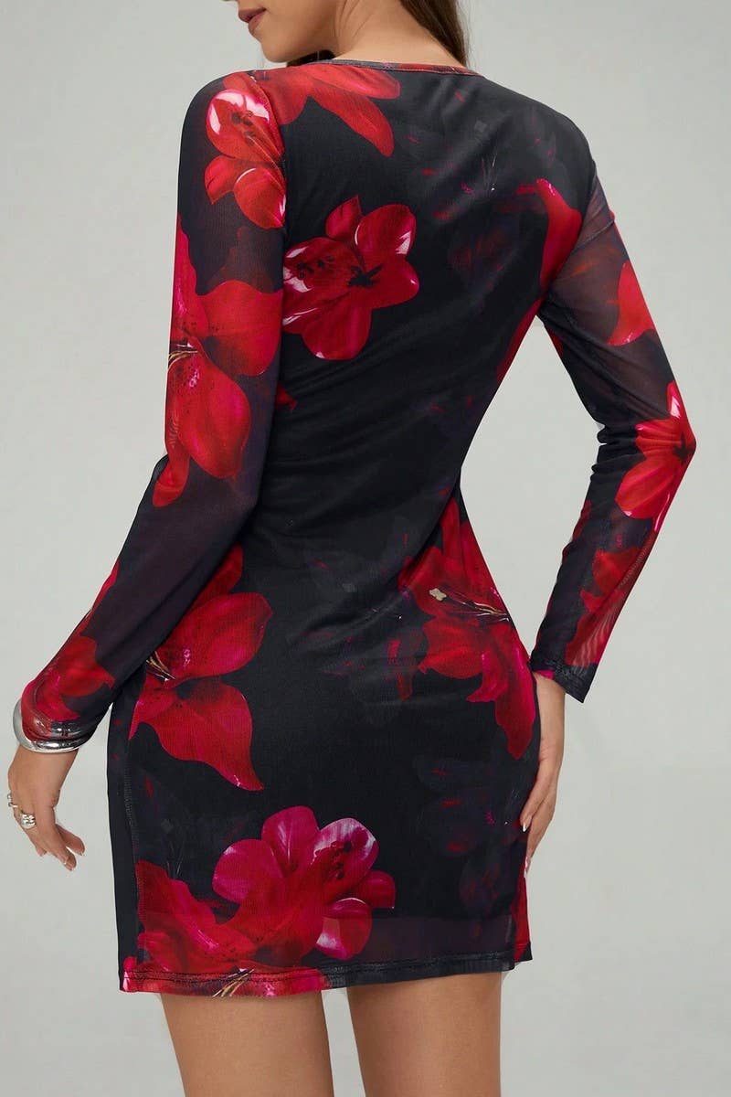 CWDSD8277_FLORAL PRINT MESH FITTED LONG SLEEVE DRESS