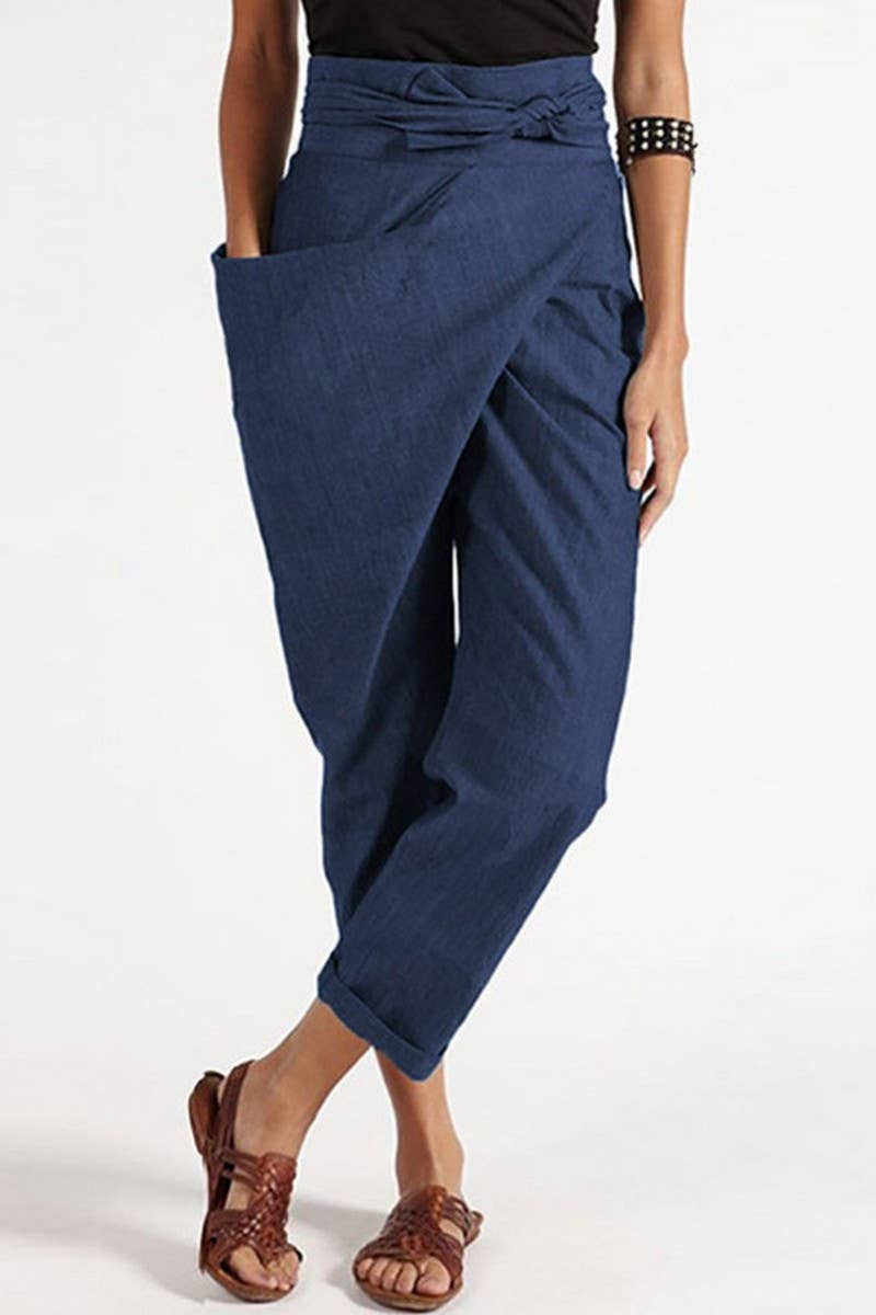 CWBLP1838_IRREGULAR LACE-UP CROPPED PANTS CASUAL PANTS