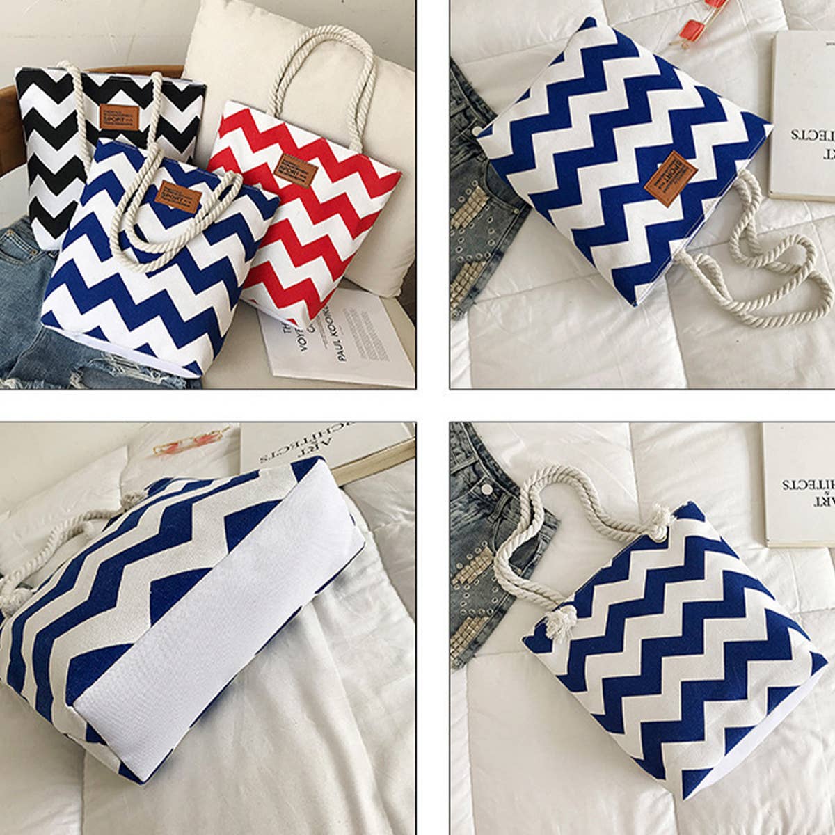 WAVE STRIPE CONTRAST COLOR SINGLE SHOULDER TOTE BAG_CWAB1709