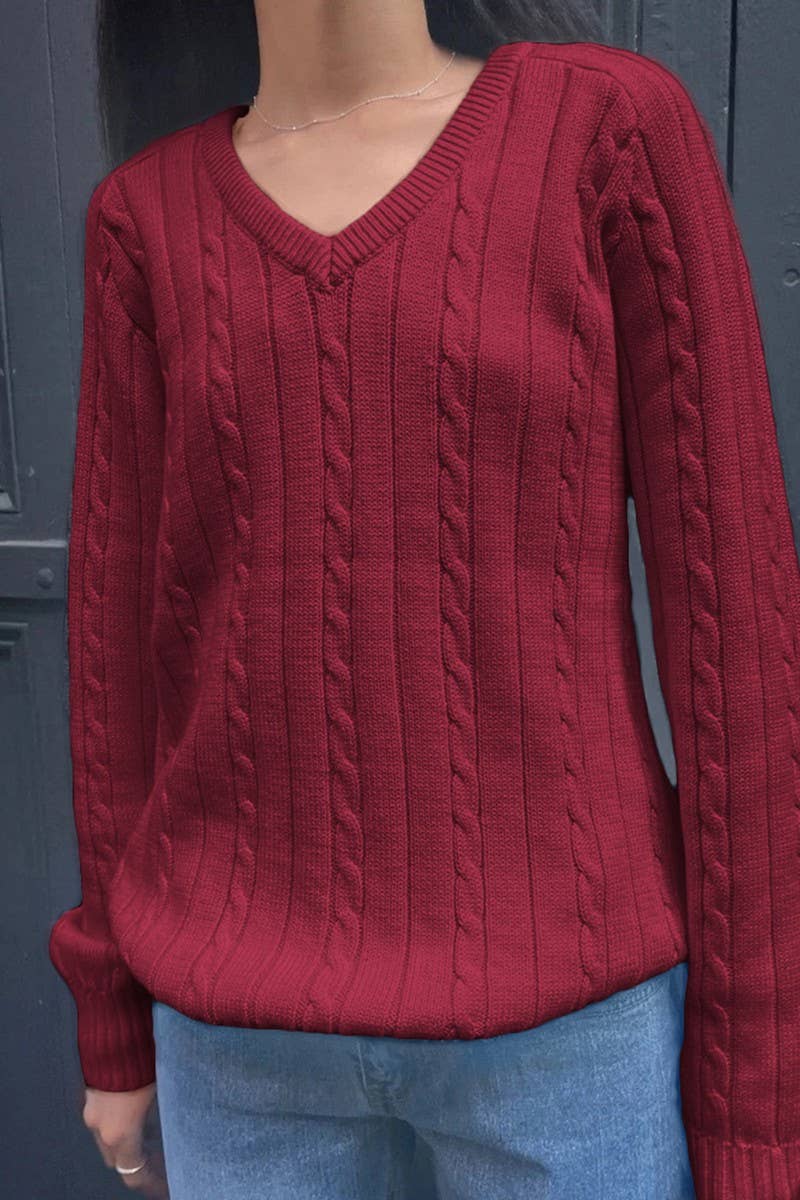 CWOSWL07522_V-NECK CASUAL LONG SLEEVE KNIT SWEATER