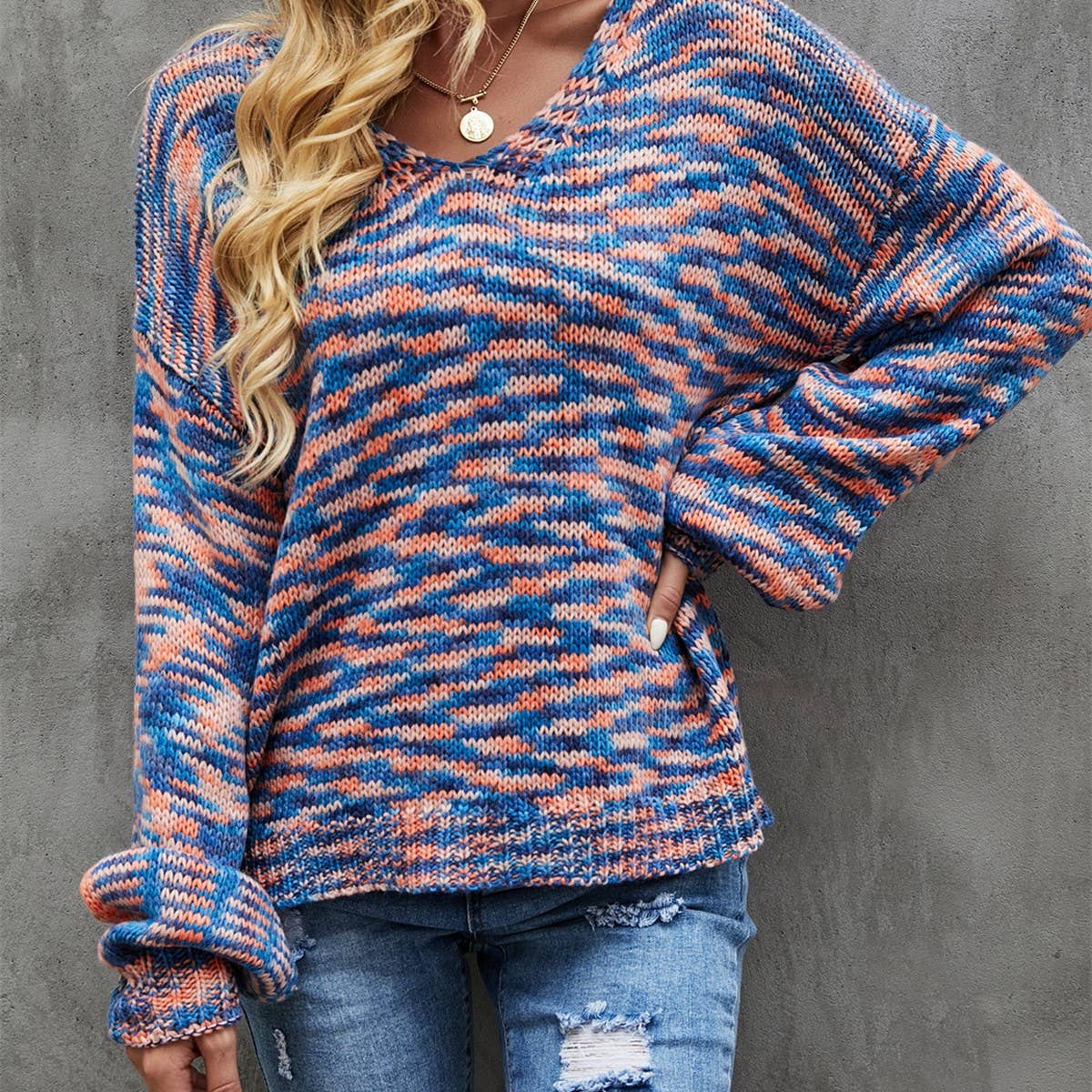 Long sleeve knit V-neck sweater pullover