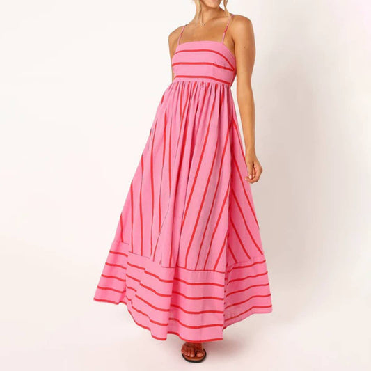 Backless swing Striped sleeveless halter dress