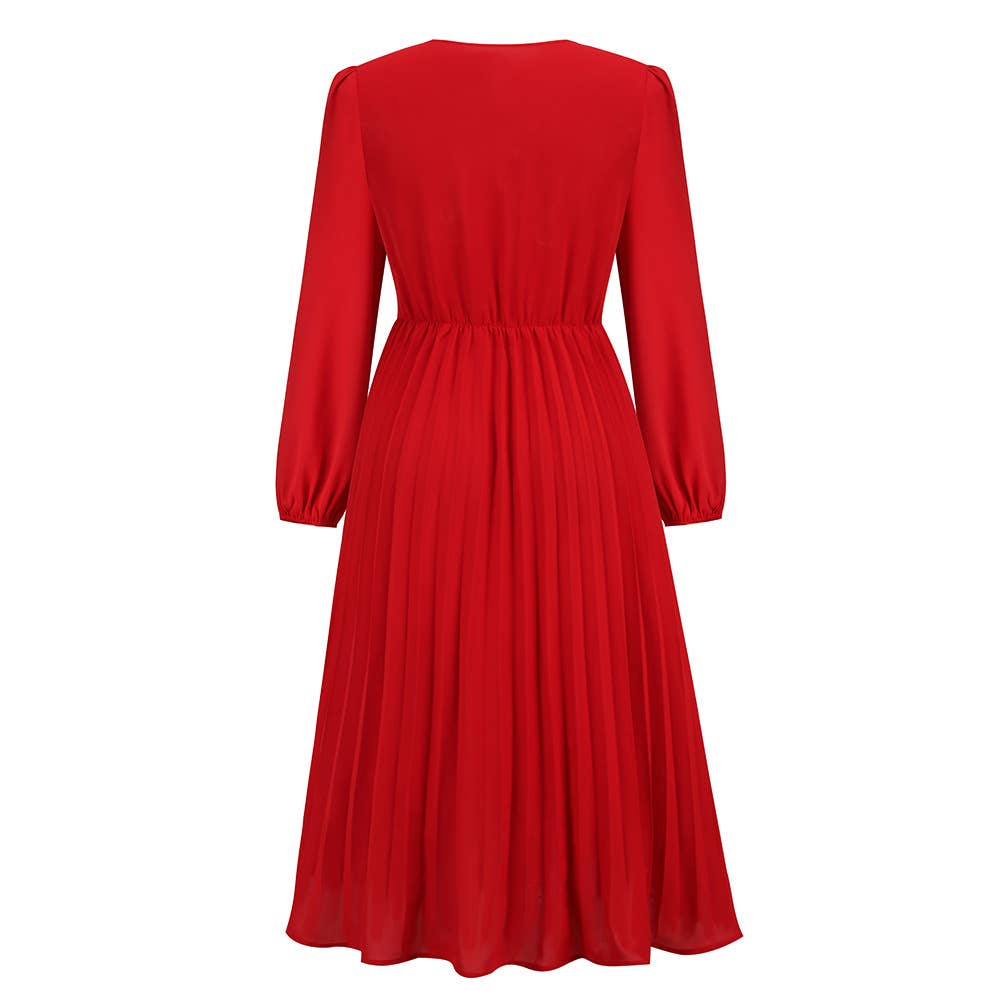 Long Sleeve Fit Pleated Waist Belt V-neck Dress