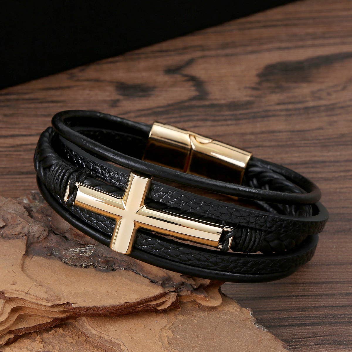 NEW LEATHER HANDWOVEN GOLD MAGNET BUCKLE BRACELET