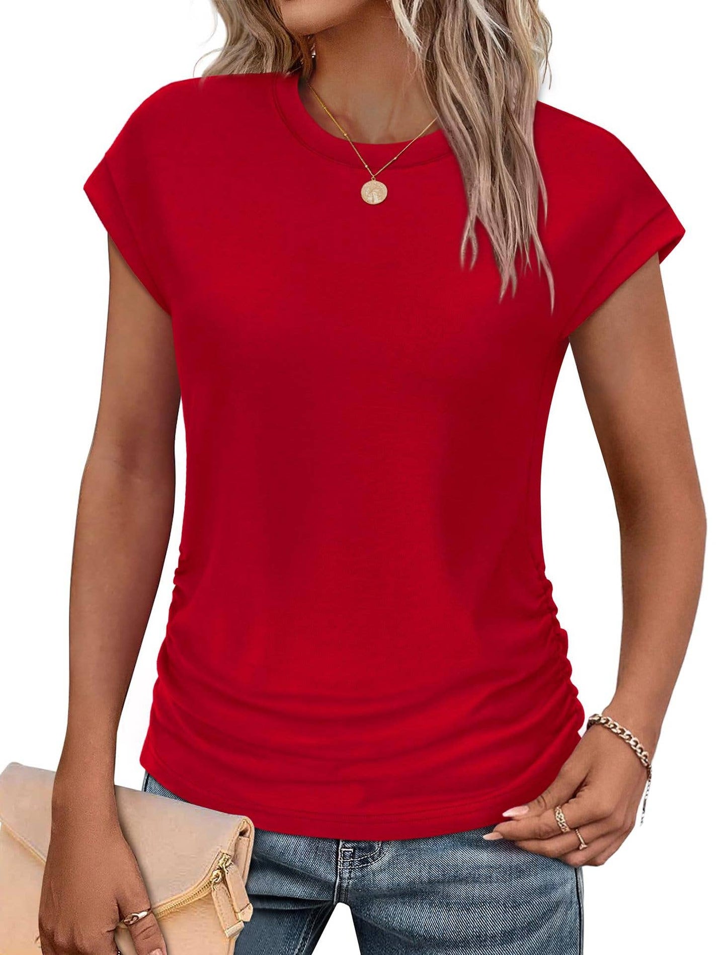 Solid color round neck waist waist basic T-shirt