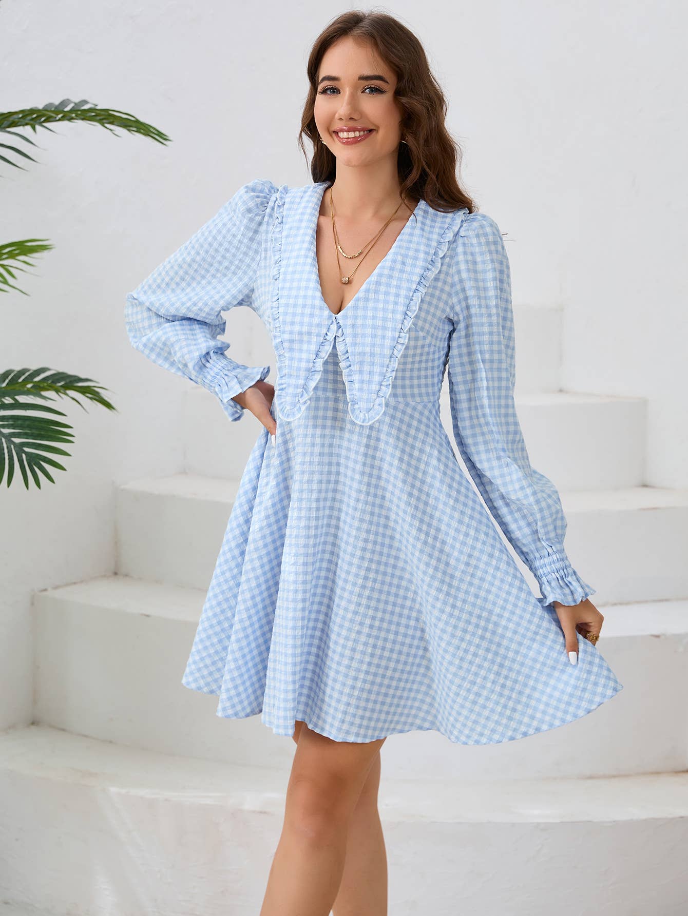 Plaid V-Neck Long Sleeve Fit and Flare Dress