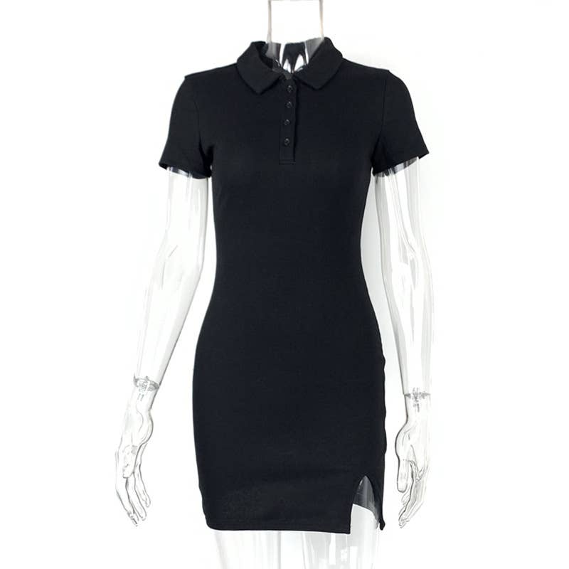 SKINNY LAPEL SEXY SPICE SHORT SLEEVE KNIT DRESS