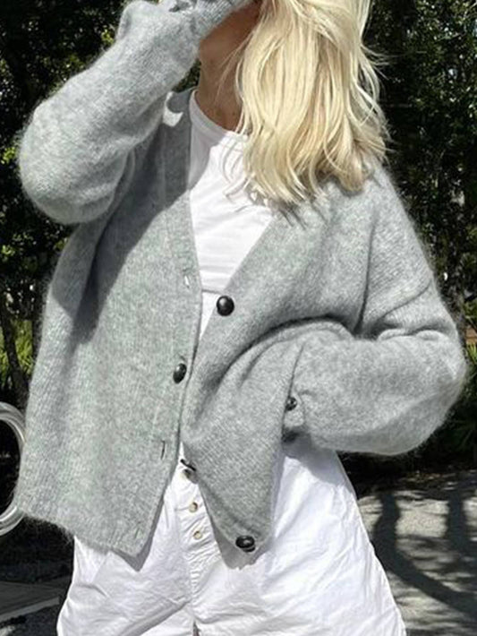 Simple button solid-color long-sleeved sweater