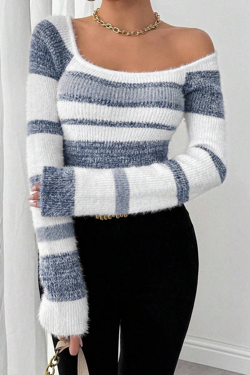 CWOSWL07626_FAUX FUR STRIPE SQUARE NECK SLIM SWEATER