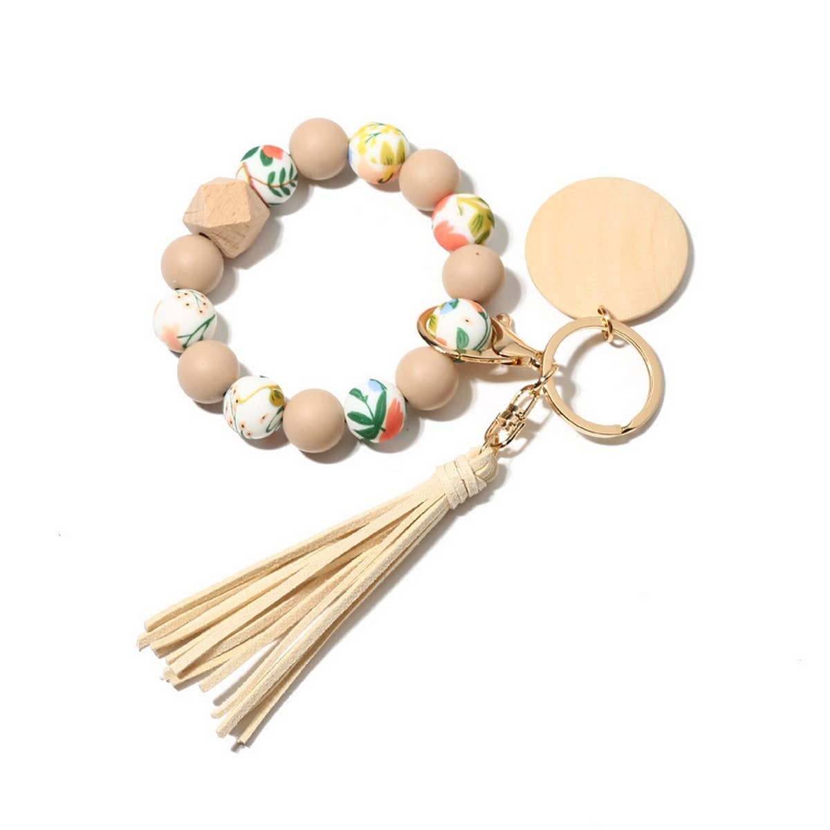 Silicone Bead Bracelet Keychain with Beech Wood