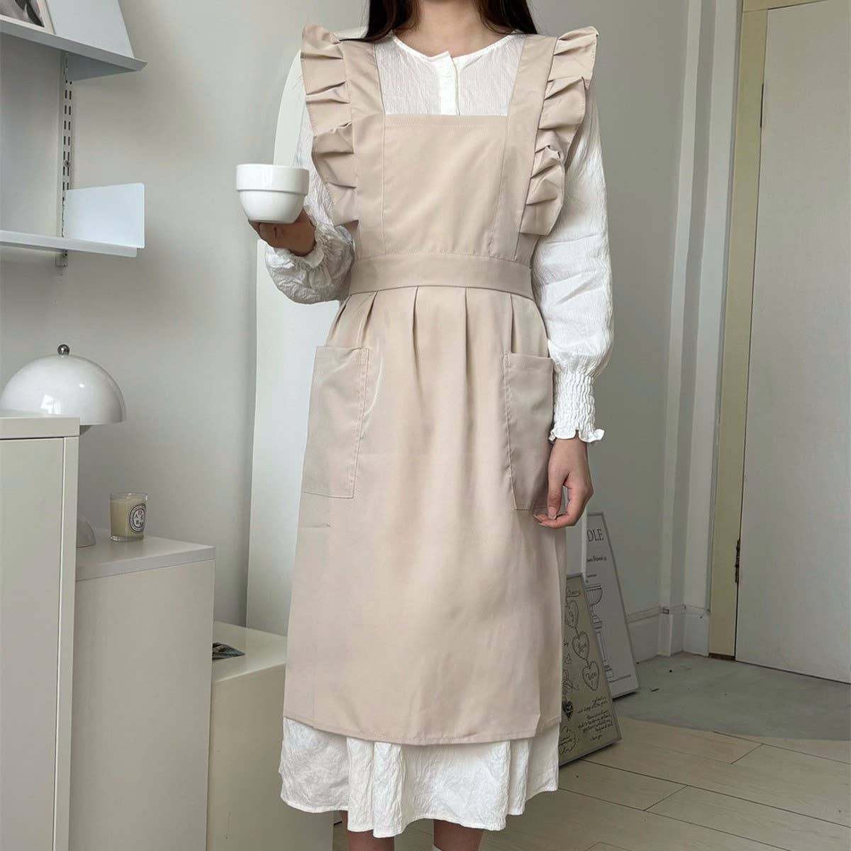 WATERPROOF AND OIL-PROOF OXFORD RUFFLED CROSS APRON