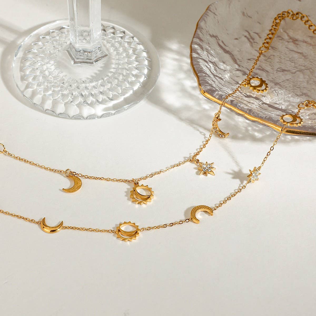 18K Gold Moon & Star Tassel Bracelet with Crystals_CWAJE4662