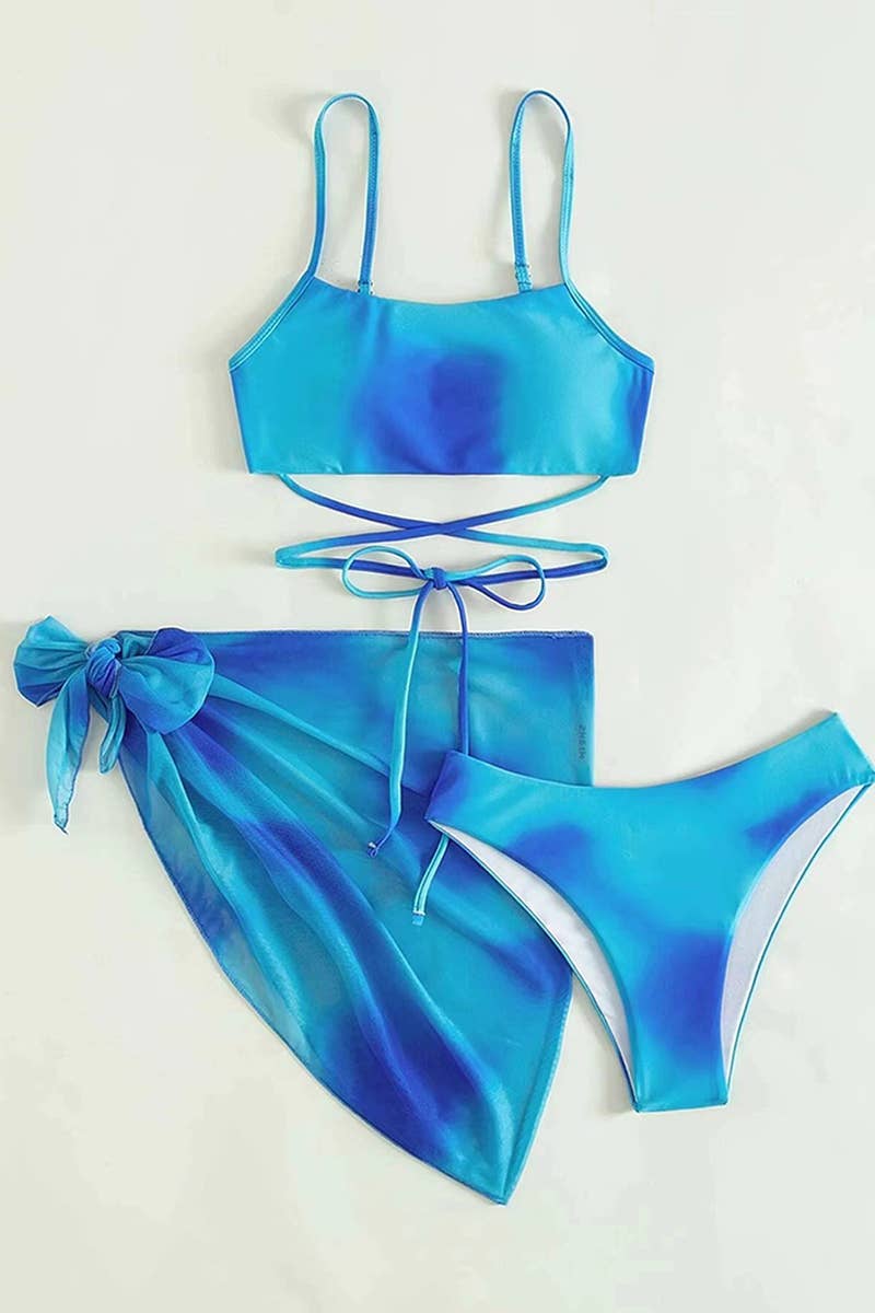 CWMW0741_THREE-PIECE MESH SKIRT TIE-DYE BIKINI SWIMSUIT