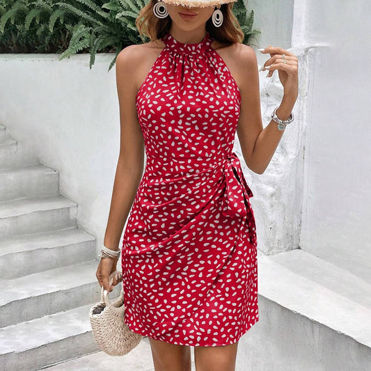 Neckline zipper floral pleated dress