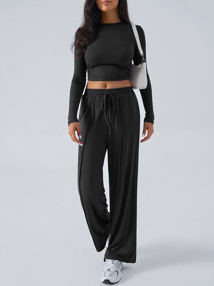TEMPERAMENT ROUND NECK TOP WIDE LEG PANT SUIT