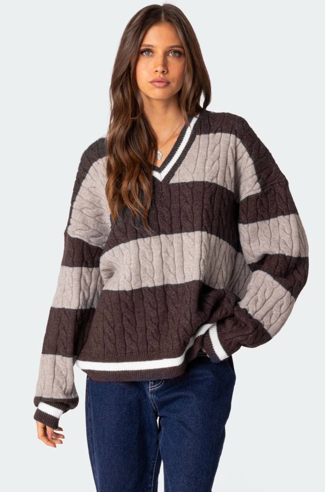 V-neck striped color matching loose sweater